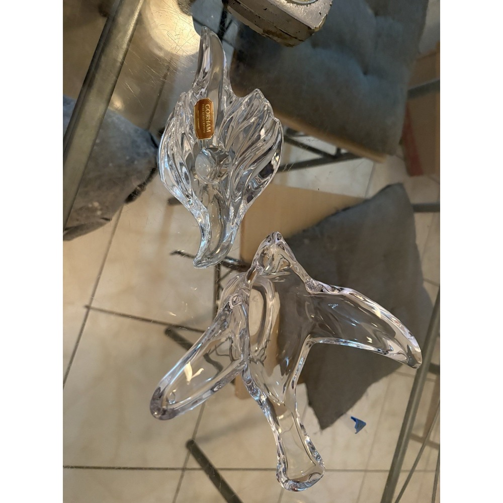 Gorham West Germany Full Lead Crystal Bird Wing Candle Holder Pair Vintage 7"